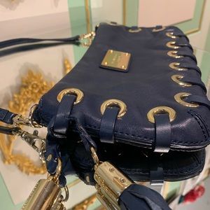 Michael Kors navy Leather Astor Grommet Tassel Clutch Convertible Shoulder Bag